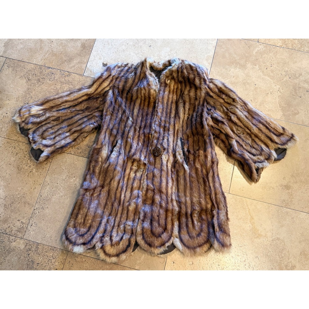 Vintage Genuine Muskrat Fur Coat Brown Striped Full Length Retro Scalloped Hems